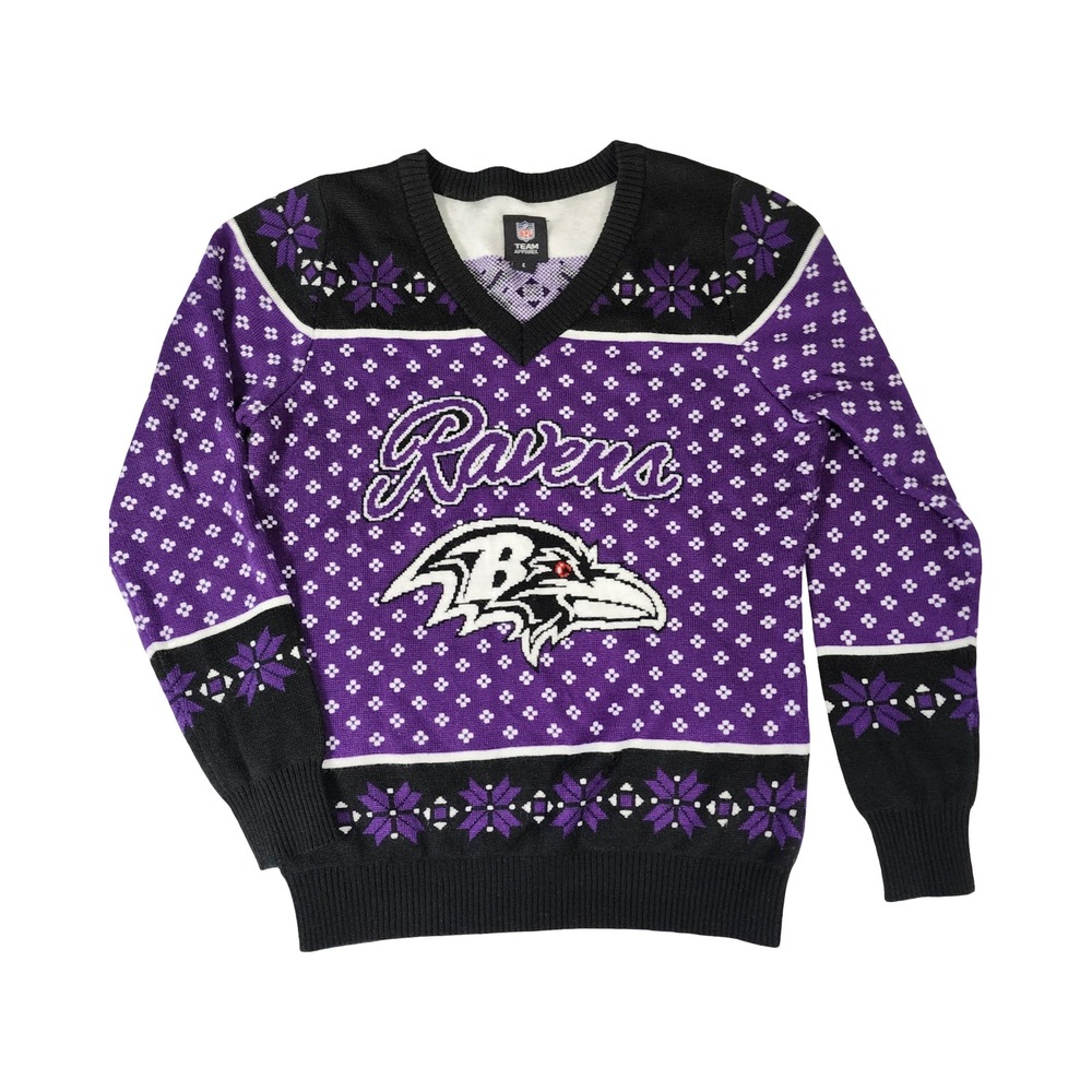 NFL Team Apparel Baltimore Ravens Ugly Christmas Sweater Purple Black Mens Large